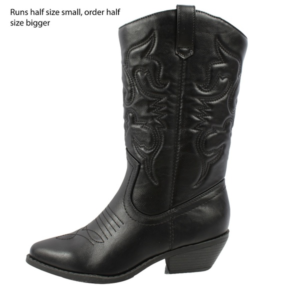 Black cowboy knee high pull on boot - Picture 2 of 8